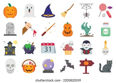 Set of 24 Halloween Flat Color Icons. holiday attributes of All Saints Day