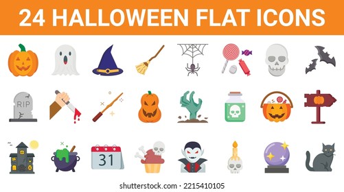 Set of 24 Halloween Flat Color Icons. holiday attributes of All Saints Day
