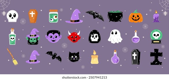 Conjunto de 24 elementos de halloween dibujados a mano. Ilustración vectorial.