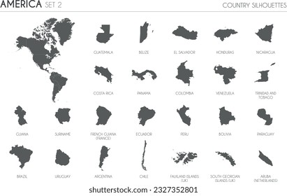 Set of 24 high detailed silhouette maps of American Countries and territories, and map of America vector illustration.