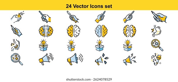 Un conjunto de 24 iconos vectoriales de alta calidad que representan varios conceptos relacionados con las ideas, el cerebro, la innovación y el marketing. Perfecto para presentaciones, Sitios web y App.