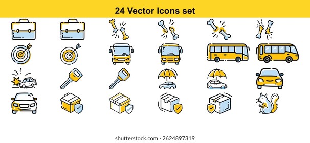Conjunto de 24 iconos vectoriales de alta calidad con diversos temas, incluidos negocios, transporte, seguros y seguridad, perfecto para varios proyectos de diseño.
