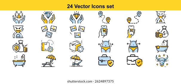 Conjunto de 24 ícones vetoriais de alta qualidade que retratam vários conceitos, incluindo negócios, finanças, saúde e viagens. Perfeito para sites, aplicativos e apresentações.