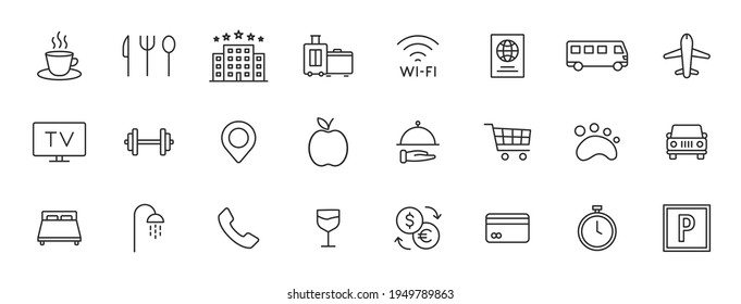 Conjunto de 24 iconos web de hotel en estilo de línea. Habitación, negocios, aparcamiento, viajes, dormir, cómodo. Ilustración vectorial.