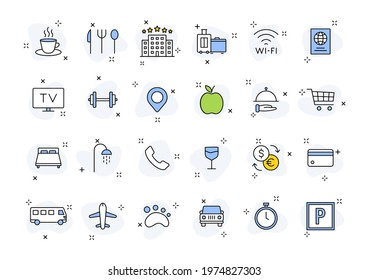 Set of 24 Hotel web icons in line style. Room, business, parking, travel, sleeping, comfortable. Vector illustration.