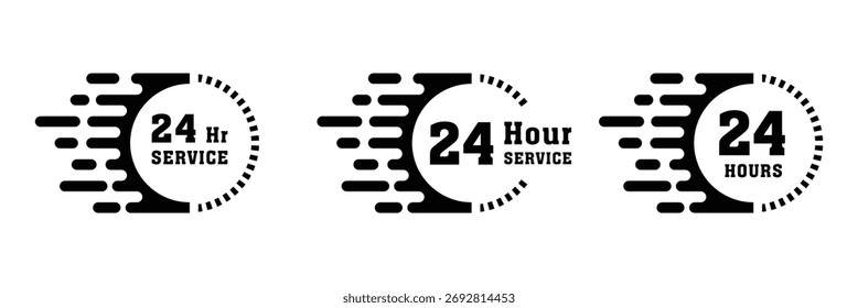 Set of 24 hour clocks with arrows on white background. Vector work time effect or delivery service time icon. 24 hour service icon vector set. 24 hours order execution or delivery service icon.