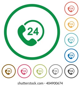 Set of 24 hour support color round outlined flat icons on white background