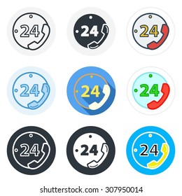Set of 24 hours call icons in different styles isolated on white background.
