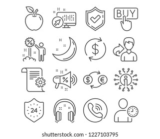 Set of 24 hours, Discount and Headphones icons. Technical documentation, Usd exchange and Sale megaphone signs. Buying, Currency exchange and Time management symbols. Sale vector