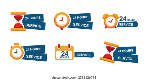 Set of 24 hours service vector. 24 hour customer support icon set. 24h discount offer. 24hr delivery service icons.
