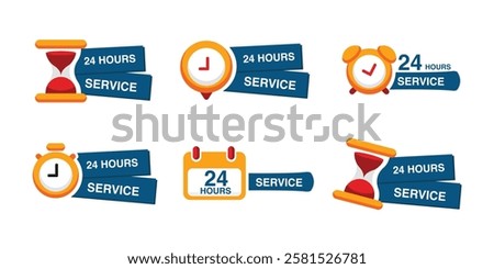 Set of 24 hours service vector. 24 hour customer support icon set. 24h discount offer. 24hr delivery service icons.