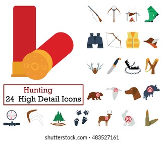 Set of 24 Hunting Icons. Flat color design. Vector illustration.