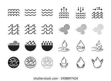 Conjunto de 24 diseños de iconos con el mismo y diferente espesor de línea, como diferentes olas de mar, viento de agua, agua de mano, clima. Diseño de logotipos, sitios web y diseños.