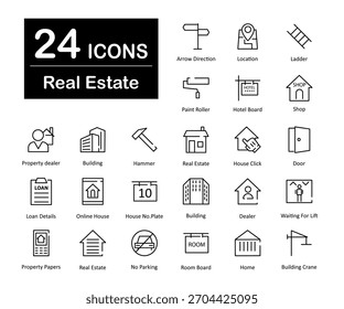 Um conjunto de 24 ícones como direção de seta, localização, escada