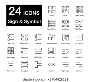 Un conjunto de 24 iconos como bloques, bloques cuadrados, bloques de puntos