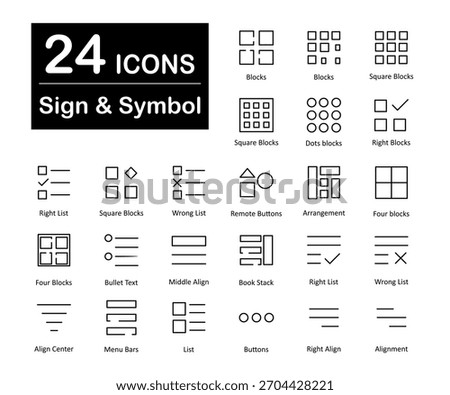 A set of 24 icons as blocks, square blocks, dots blocks