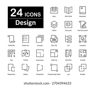 Un conjunto de 24 iconos como libro, libro abierto, marcador