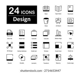 Un conjunto de 24 iconos como libro, libro abierto, marcador