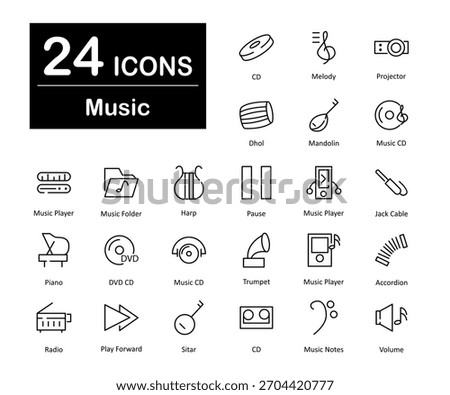 A set of 24 icons as cd, melody, projector