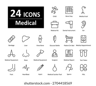 Un conjunto de 24 iconos como niño, radiografía de hueso, herramienta médica