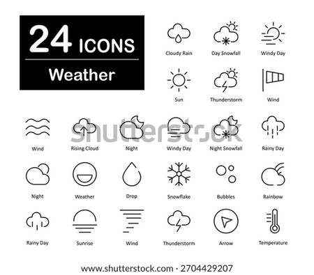 A set of 24 icons as cloudy rain, day snowfall, windy day