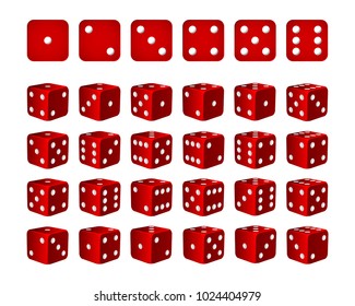 Set of 24 icons of dice in all possible turns - red cubes with white pips isolated on white background. Vector illustration