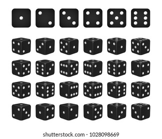 Set of 24 icons of dice in all possible turns - black cubes with white pips isolated on white background. Vector illustration