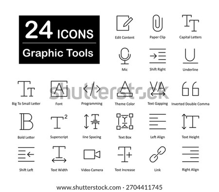 A set of 24 icons as edit content, paper clip, capital letters