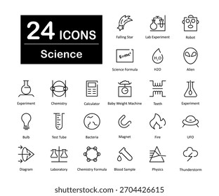 Un conjunto de 24 iconos como estrella que cae, experimento de laboratorio, robot