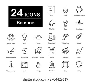 Um conjunto de 24 ícones como frasco, h2o, fórmula química