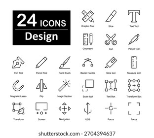 Un conjunto de 24 iconos como herramienta gráfica, rebanada, herramienta de texto