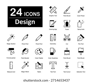 Un conjunto de 24 iconos como herramienta gráfica, pincel de pintura, selección de color