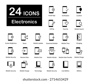 Un conjunto de 24 iconos como App de instalación, verificación, ubicación