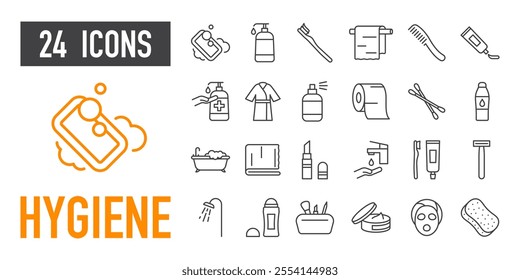 A set of 24 icons on the theme of hygiene: soap, toothbrush, comb, towel, shower, cosmetics, cotton swabs, face mask, razor, bathrobe, bath, cream, etc.