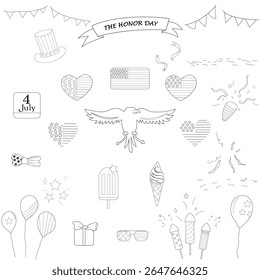 Set of 24 an icons, out line, symbols of Independence day of USA. Suitable for web, infographics apps and presentation. 4th of july. Isolated on white background. 
