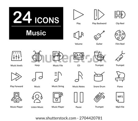 A set of 24 icons as play, play backward, clip reel