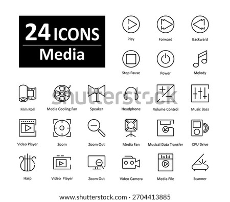 A set of 24 icons as play, forward, backward, stop pause