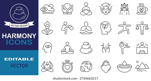 Set of 24 icons related to harmony. Mental relaxation, health meditate, yoga, lotus pose and more. UI thin line icon pack. Vector illustration.