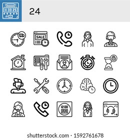 Set of 24 icons. Such as Digital clock, Time, Technical Support, Customer service, Clock, Tech support, Contact us, Timer, Hourglass, Support, Customer service agent , 24 icons