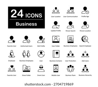 Um conjunto de 24 ícones como local do usuário, comunicação com o usuário, idade do perfil