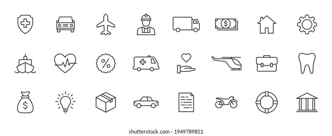 Set of 24 Insurance web icons in line style. Business, health, policy, tornado, flood, help. Vector illustration.