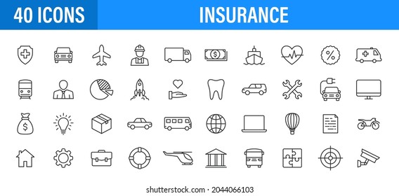 Set of 24 Insurance web icons in line style. Business, health, policy, tornado, flood, help. Vector illustration.
