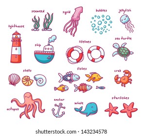 Set of 24 isolated doodles with sea creatures and nautical stuff