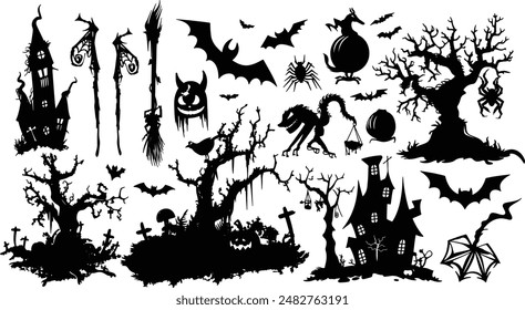 Set of 24 isolated Halloween decorations in silhouette illustration style of Jack o'lantern, bat, haunted house and tree and graveyard on transparent background. Volume 6.
