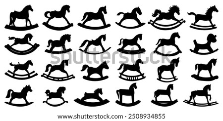 Set of 24 item rocking horse silhouette vector illustration