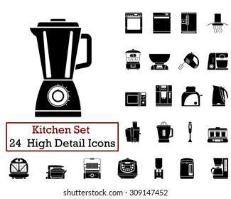 Set of 24 Kitchen Icons in Black Color.  Suitable For All Kind of Design (Web Page, Interface, Advertising, Polygraph and Other). Vector Illustration. 
