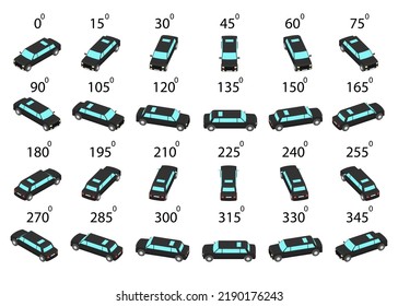 A set of 24 limousine from different angles. Rotation of the car stretch by 15 degrees for animation and video games.  