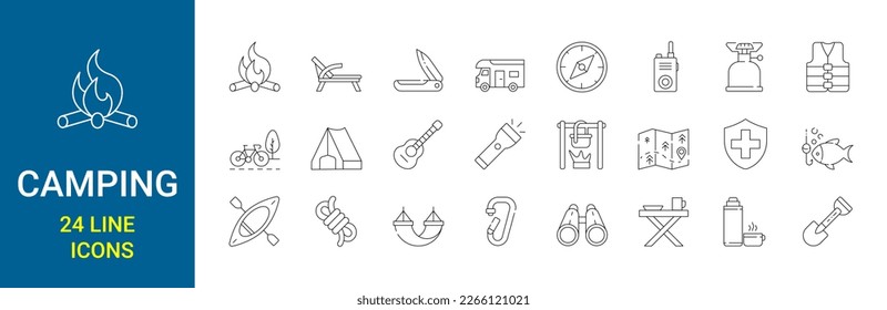 Set of 24 line icons camping. camp, tools, adventure, trekking. related to outdoor, Editable stroke Vector illustration. Outline icon collection