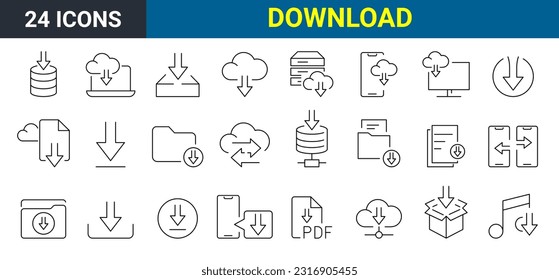 Conjunto de iconos de 24 líneas Archivos de descarga. Enlace, hipervínculo roto, descarga, publicación. Icono de símbolo de archivo de documento con flecha abajo.  Trazo editable