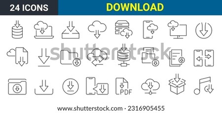 Set of 24 line icons Download files. Link, broken hyperlink, download, post. Arrow down document file symbol icon.  Editable stroke